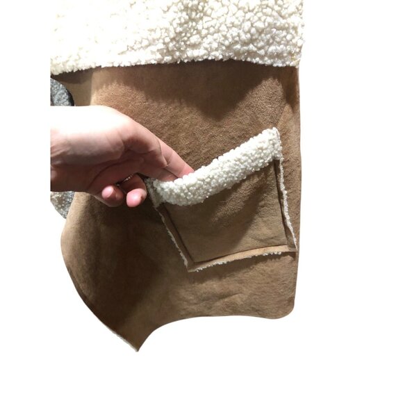 Tan Sherpa Lined Accent Open Front Vest Pockets Warm Cozy Snow Boho Sz L/XL - Picture 4 of 13